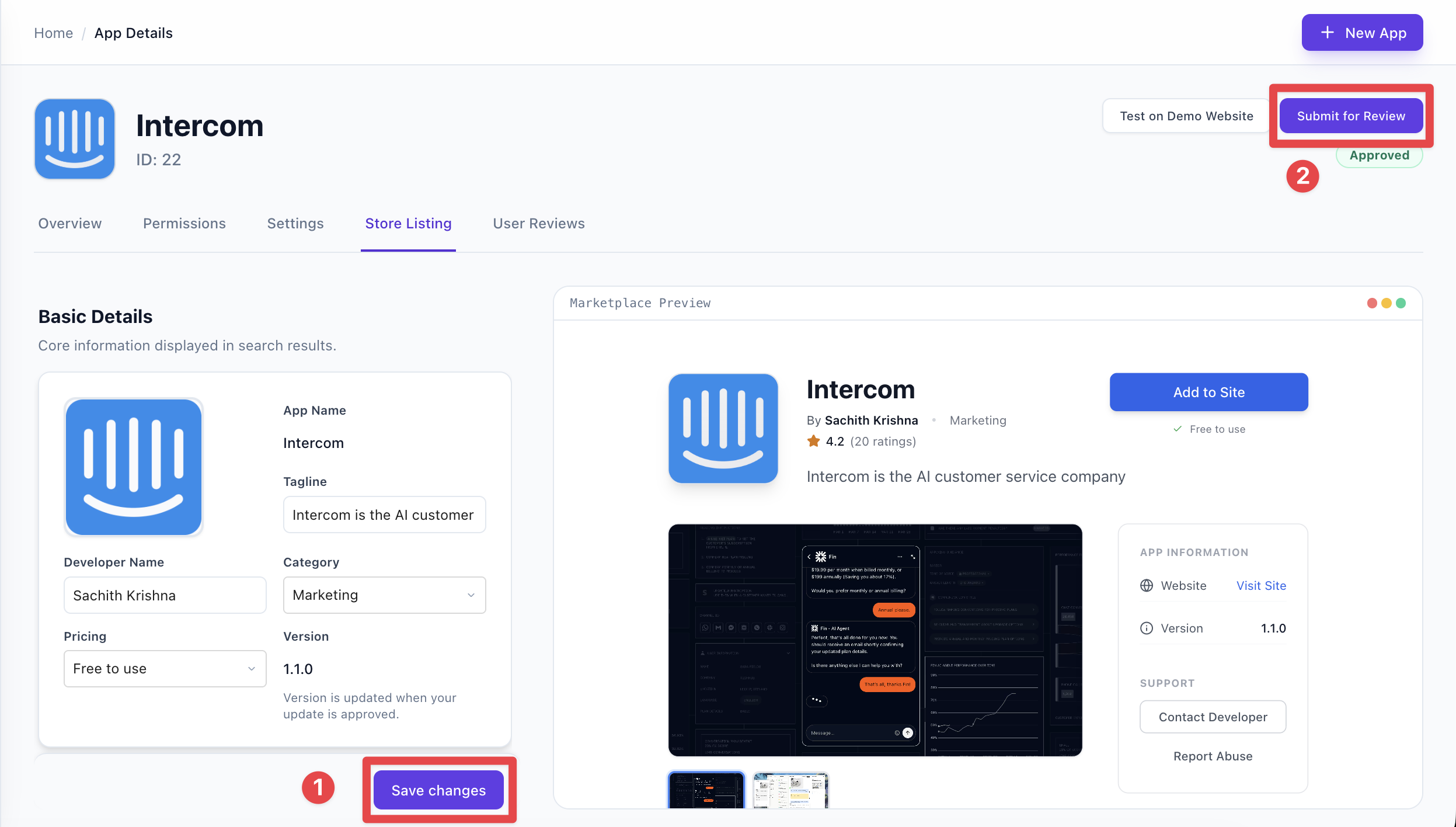 Save changes and Submit for review on the Store Listing page